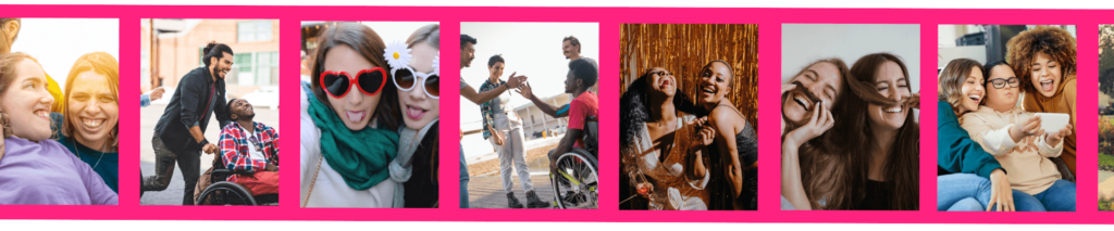 A pink background with 7 images of people laughing, making friends and connections, on their phones and having a good time.